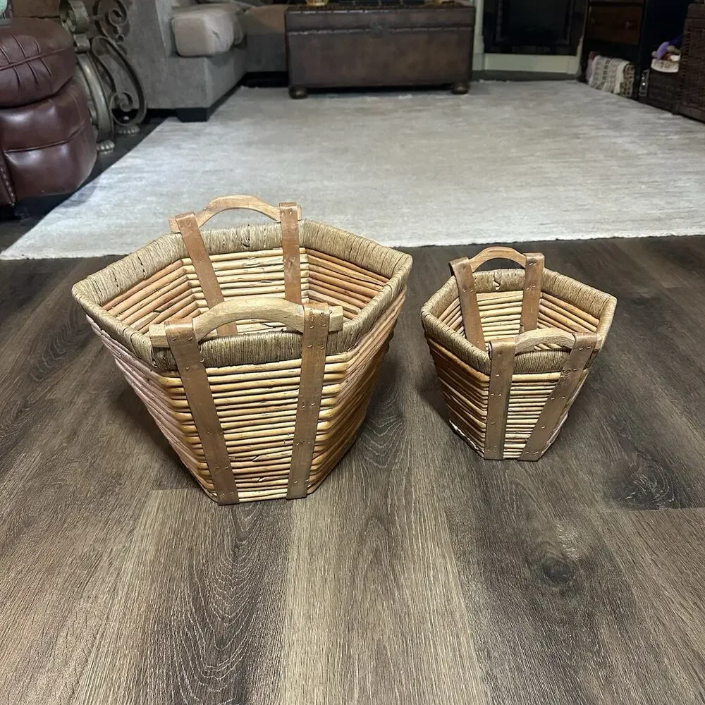 Vtg Bamboo and Jute Folk Art Log Gathering Basket Planters Wood Handles Set 2